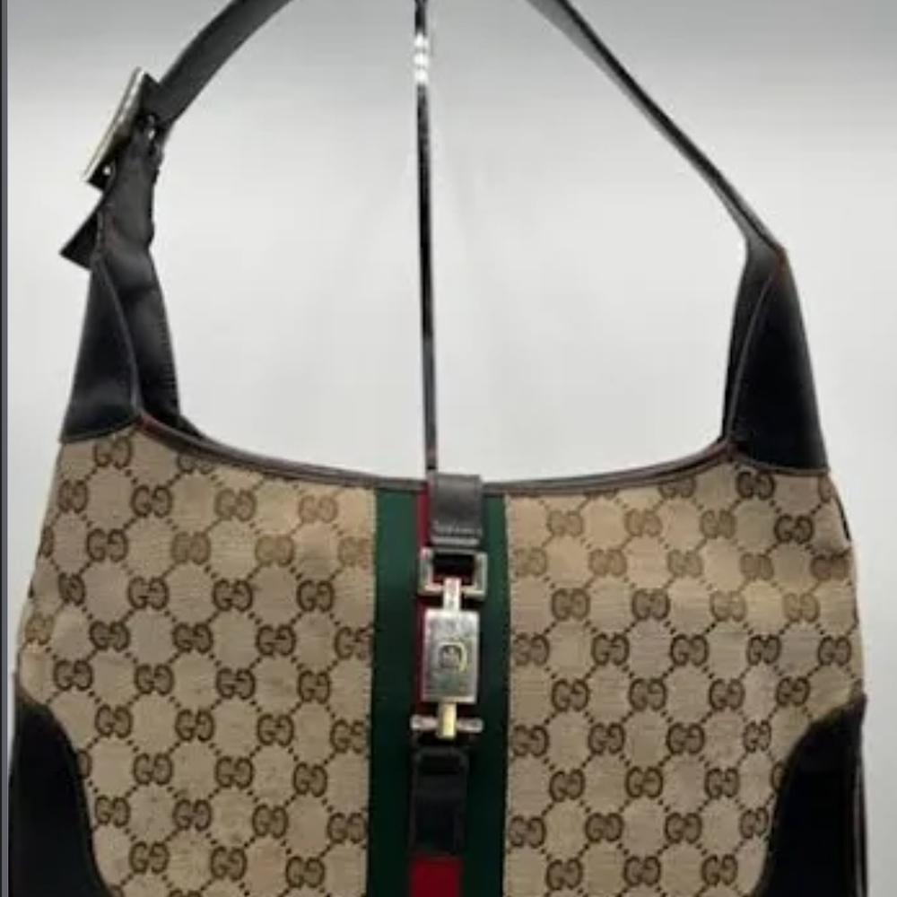 Gucci Beige and Black Shoulder Bag with Green and Red Stripe